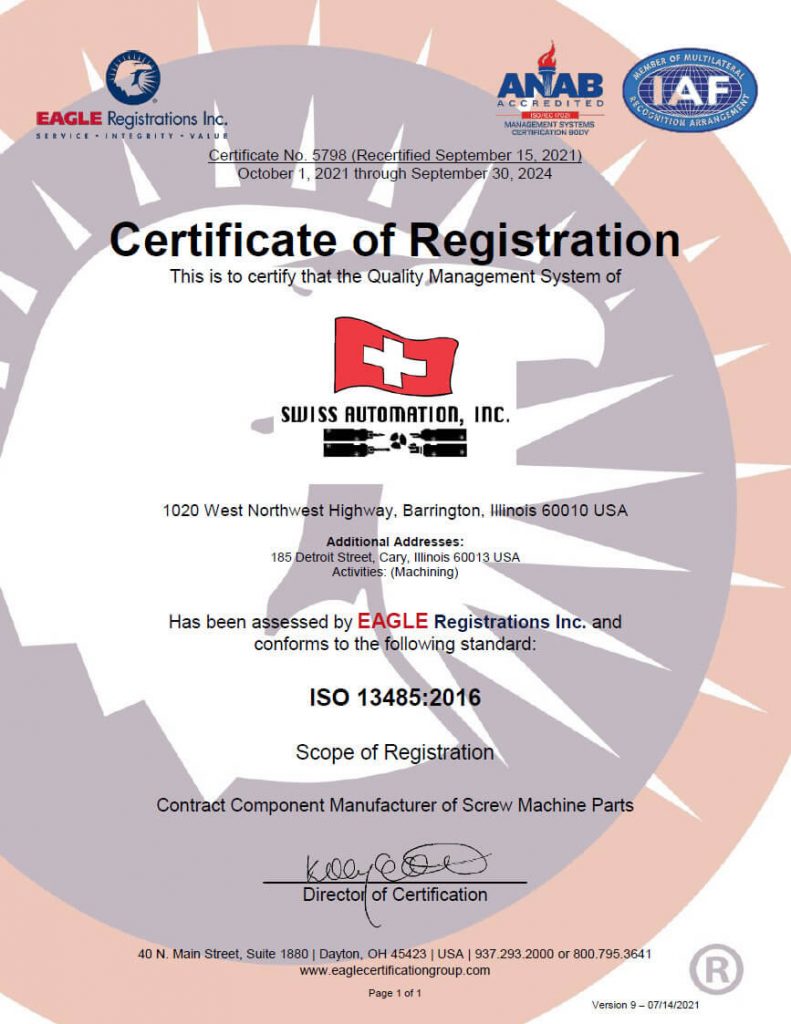 Swiss Automation Inc MED Certificate