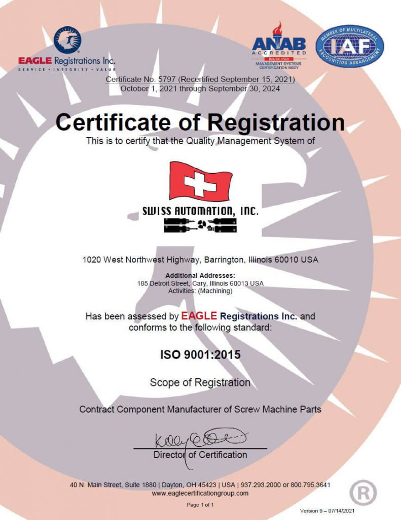 Swiss Automation Inc QMS Certificate